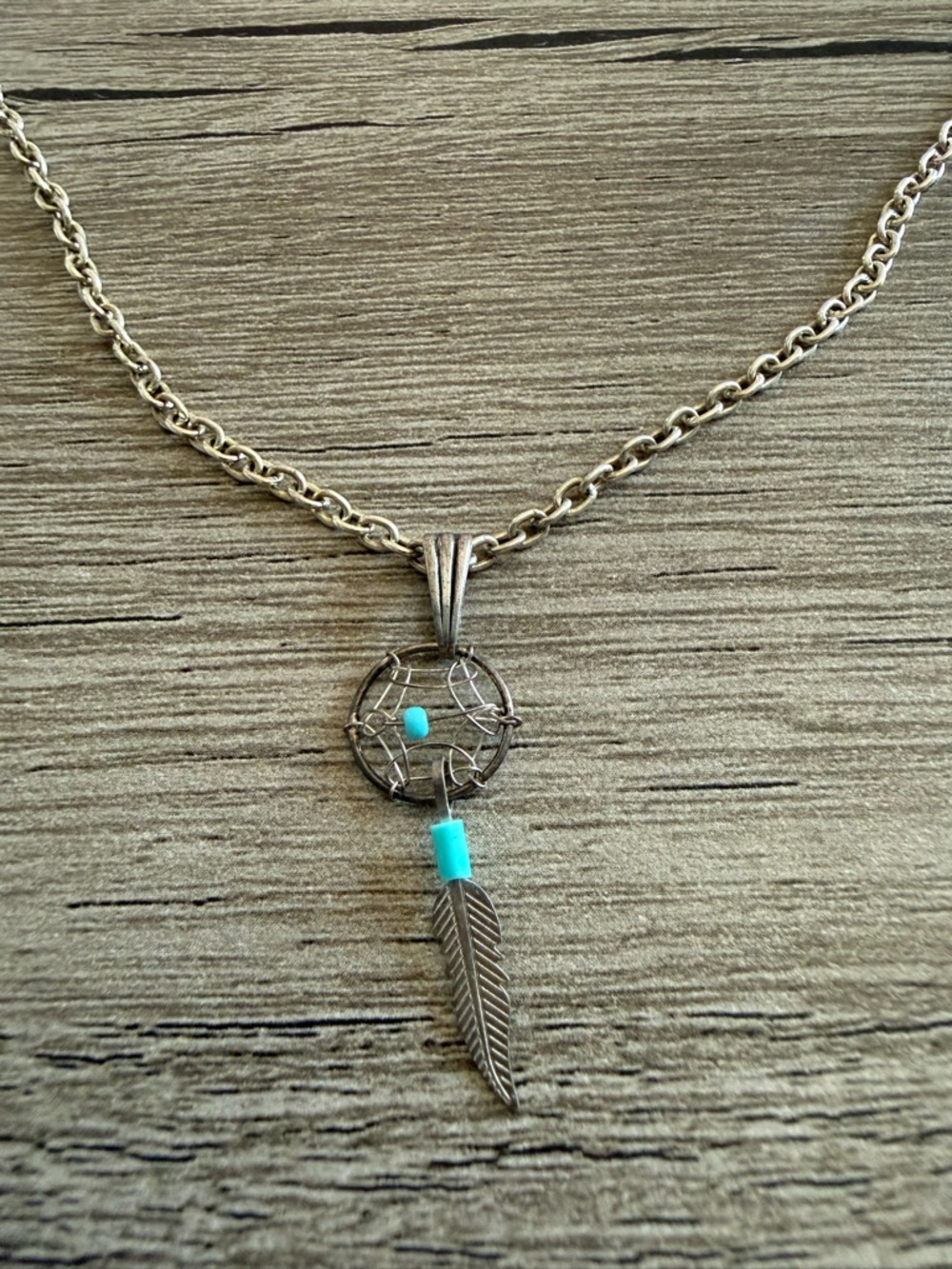Silver Dreamcatcher Feather Necklace with Turquoise Beads